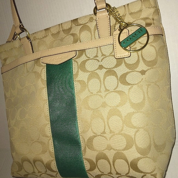 ☆Brand New☆Beautiful COACH Signature Stripe 12CM Emerald Zip Top Tote☆ - Picture 4 of 16